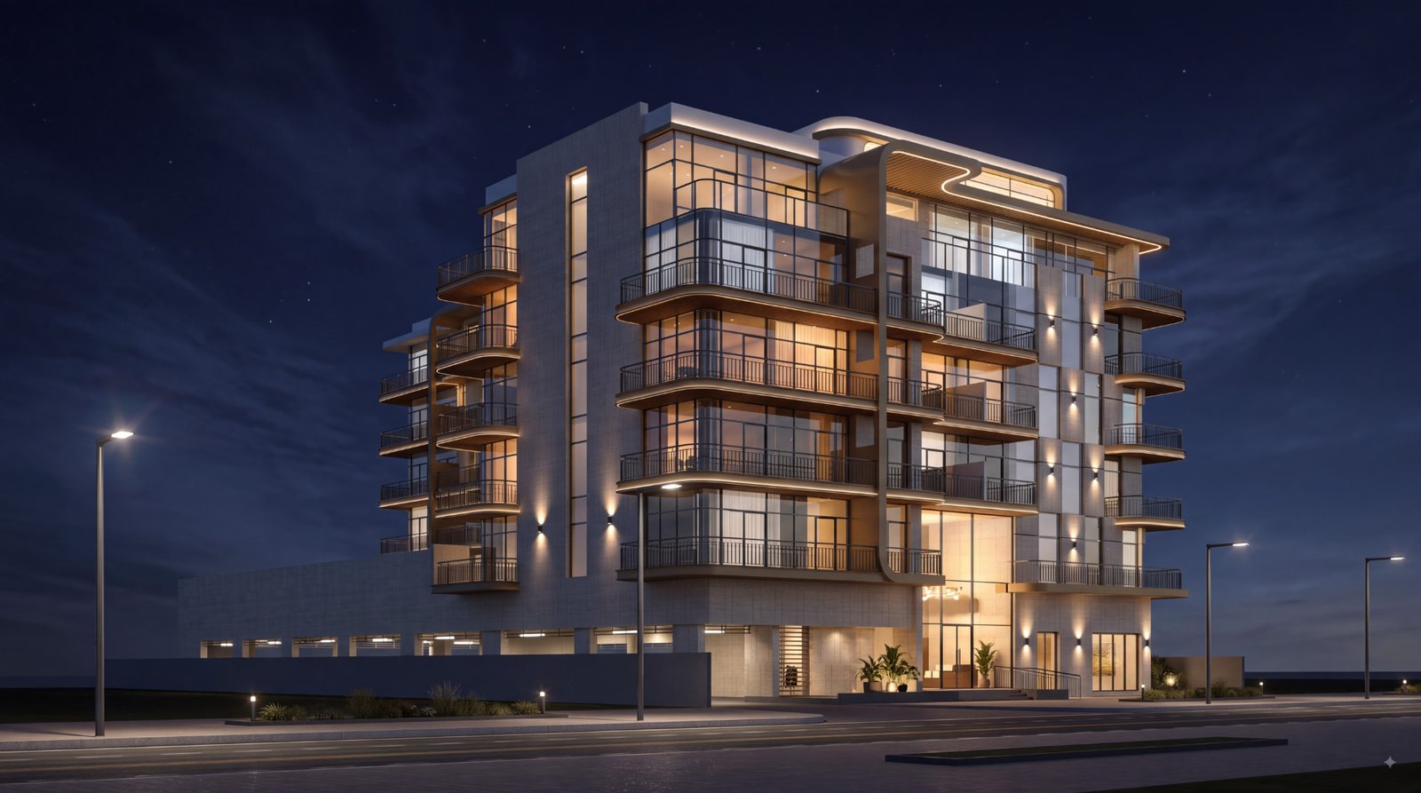 Elevia Residences III, Warsan 4, Dubai - corner view of the illuminated facade with rooftop landscaping at night