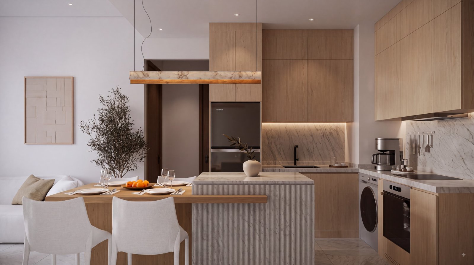 Open-plan kitchen and dining area with oak joinery and marble surfaces