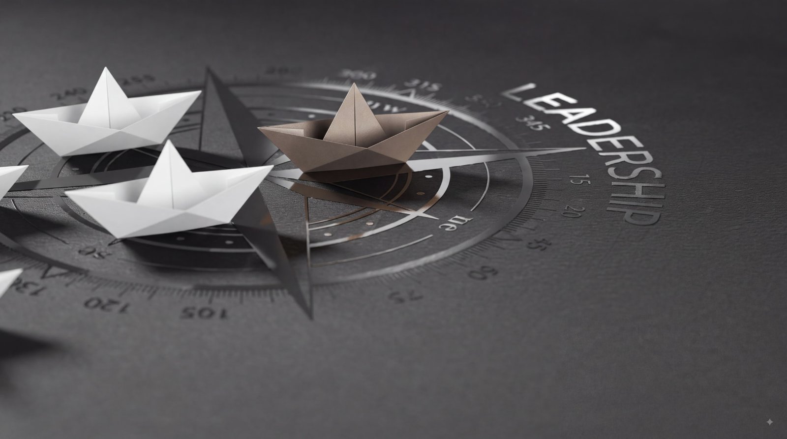 Paper boats on a compass rose marked Leadership, one boat leading the fleet
